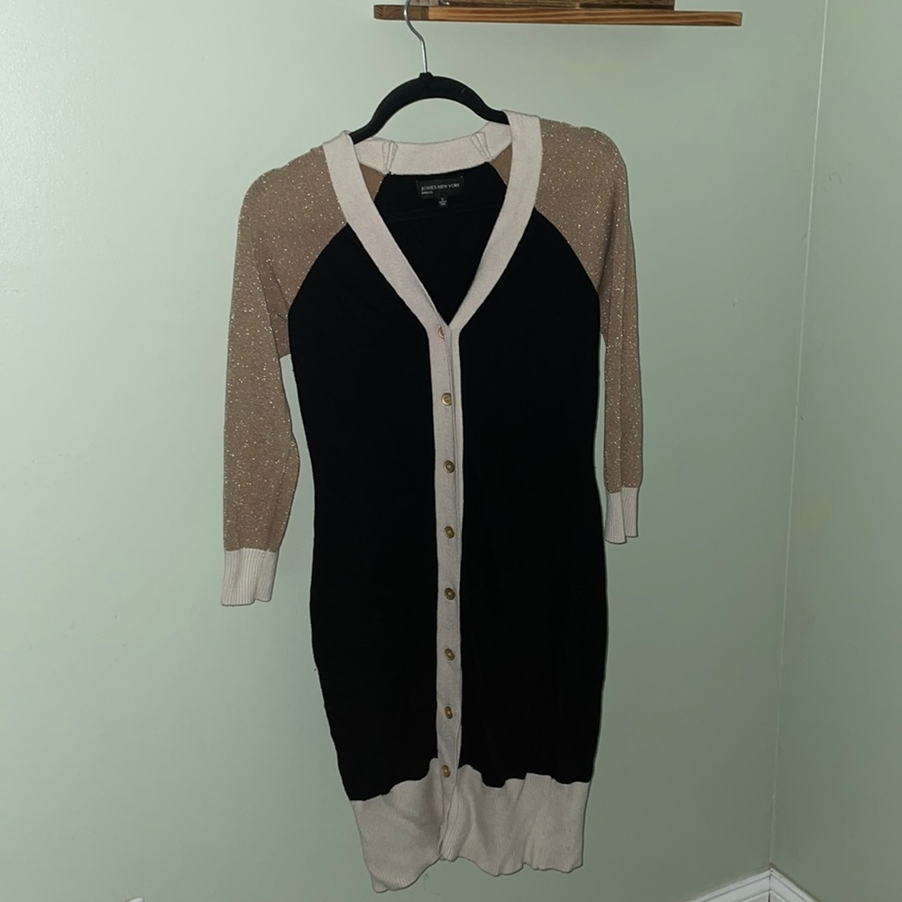 Jones New York Black/Gold/Cream cardigan sweater dress. Size S